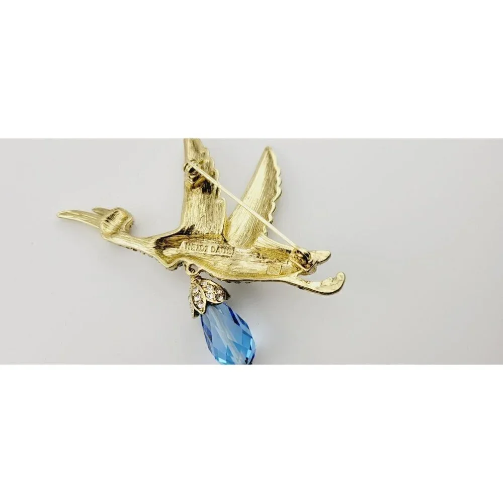 Heidi Daus Special Delivery Crystal Stork Brooch Gold Tone Blue